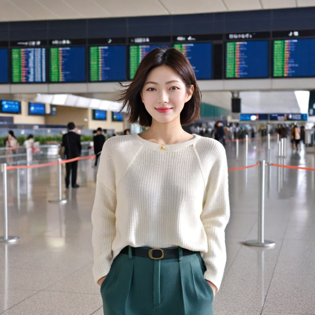 beautiful korean girl , 32 inch chest size, Your eyes are big and pretty. Short in stature. Standing in the departure hall of the airport. . short medium hair, Standing in the departure hall of Haneda Airport, Japan. Wearing a white knit and casual pants. laugh, short medium hair, short height, Full body shot with Canon camera 16-35 wide angle lens, uhd