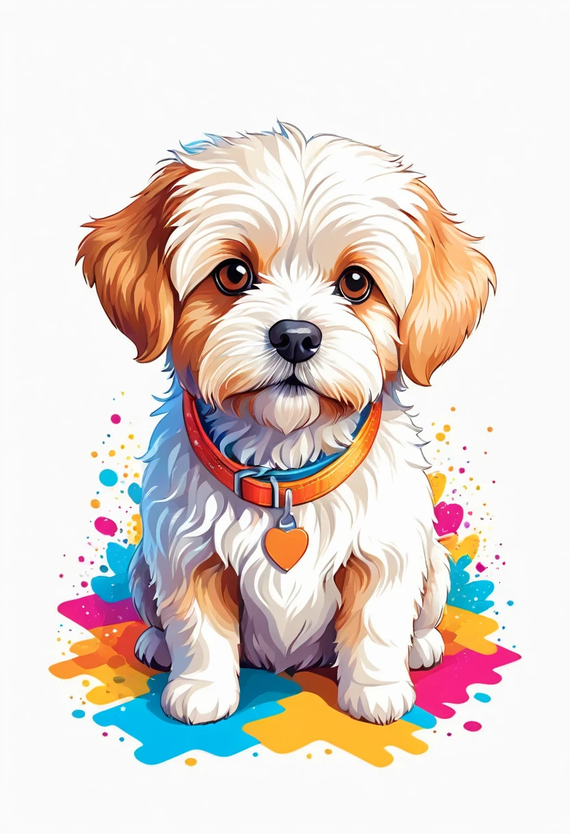 A t-shirt with graphic design art, flat illustration of a Bolognese dog,  cuddly, colorful tones, highly detailed cleanliness, imagem vectorial, photorealistic masterpiece, professional photograpy, plain white background, isometric, Vibrant, vector