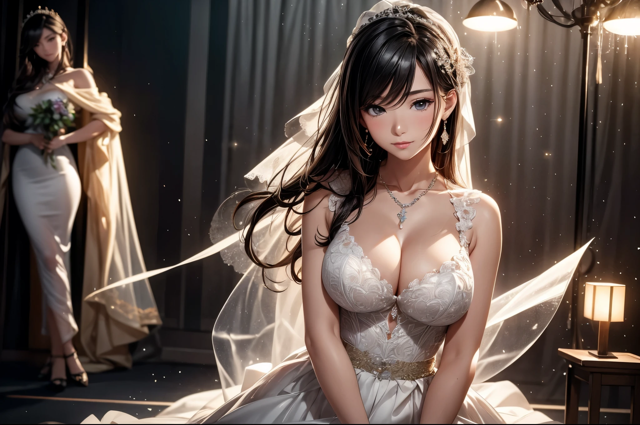 best quality, masterpiece, High resolution, 1 chinese girl,Wedding dress,hair accessories,necklace, jewelry,pretty face,Above_Body, The Tyndall effect,Realistic, Dark Studio, Edge lighting, two color lights,(Highly detailed skin:1.2), 8K uhd, DSLR camera, soft light, high quality, Volumetric lighting, confess, photo, High resolution, 8K, Bokeh