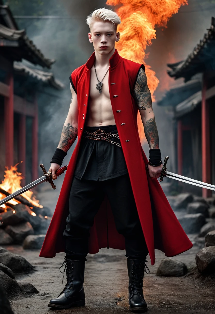 Overview Young red man with pale white skin. his eyes are red and black with no trace of white, he has a bad smile and a terrifying look, he is athletic and he is dressed in a red sleeveless coat, and black pants and black boots,his whole body covered with tattoos of criminals,He fights with two swords to which are attached to the pomo two large chains that he can in his own way. Behind him there are fires,Photorealistic style