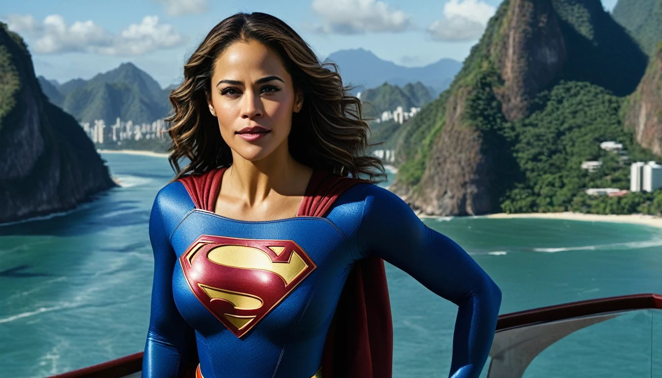 Paula Patton 2000s Supergirl 1984s movie; saving the world; posição de levantar vôo; braços esticados para cima; floating towards the Rio de Janeiro sky; HD. Photograph, ((realism)), extremely high quality RAW photograph, ultra detailed photograph, sharp focus, high resolution, (detailed skin:1,3),high quality, film grain, Fujifilm XT3,Highly Detailed, movie, (Cinematic Photo:1.3) of (Realistic:1.3)