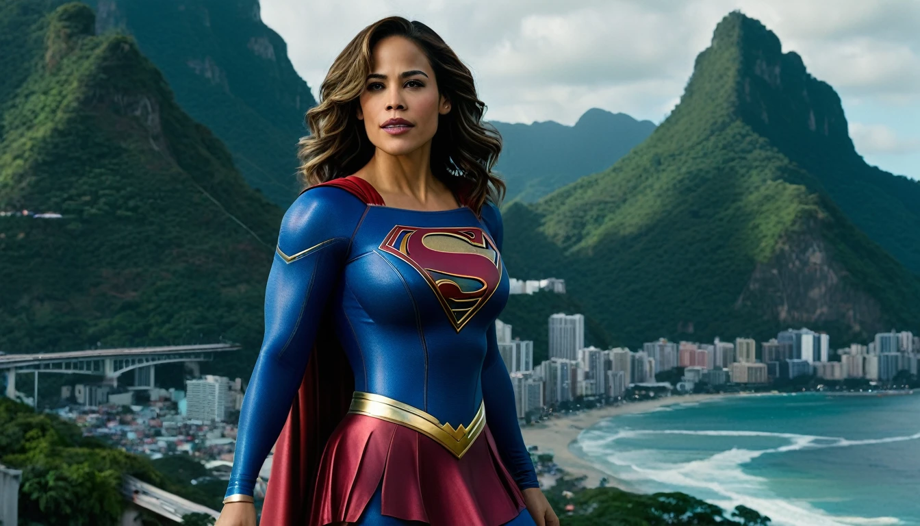 Paula Patton 2000s Supergirl 1984s movie; saving the world; posição de levantar vôo; braços esticados para cima; floating towards the Rio de Janeiro sky; HD. Photograph, ((realism)), extremely high quality RAW photograph, ultra detailed photograph, sharp focus, high resolution, (detailed skin:1,3),high quality, film grain, Fujifilm XT3,Highly Detailed, movie, (Cinematic Photo:1.3) of (Realistic:1.3)