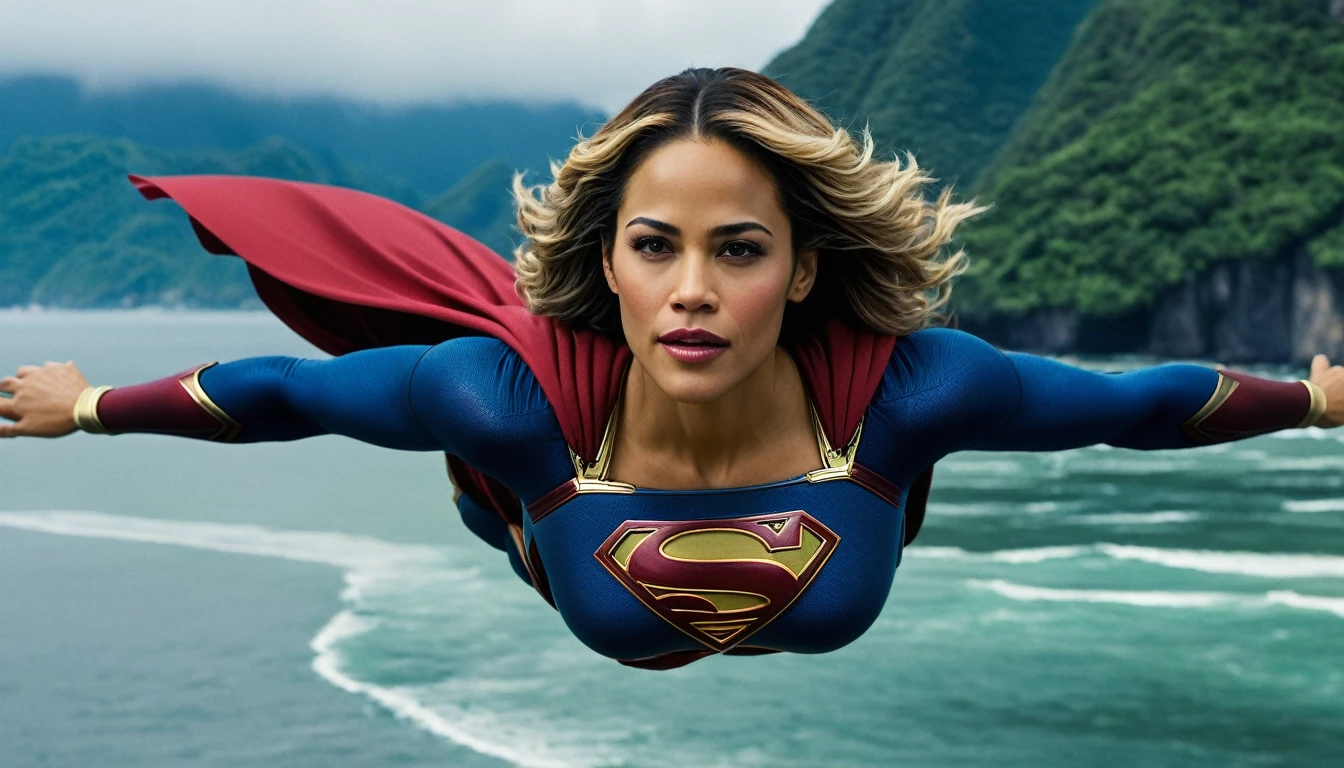 Paula Patton 2000s Supergirl 1984s movie; saving the world; posição de levantar vôo; braços esticados para cima; floating towards the Rio de Janeiro sky; HD. Photograph, ((realism)), extremely high quality RAW photograph, ultra detailed photograph, sharp focus, high resolution, (detailed skin:1,3),high quality, film grain, Fujifilm XT3,Highly Detailed, movie, (Cinematic Photo:1.3) of (Realistic:1.3)