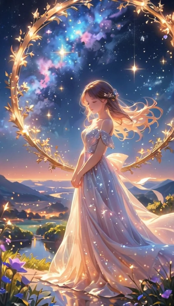 (best quality,4k,8k,highres,masterpiece:1.2),A girl standing alone under the starry night sky, with her silhouette illuminated by the soft moonlight and twinkling stars. Her face is beautifully detailed, with closed eyes, long and fluttering eyelashes, and exquisitely defined lips. She is dressed in an elegant gown, flowing and ethereal, embracing her figure gracefully as it glimmers with a subtle celestial glow. The intricate details of her dress catch the faint starlight, creating a mesmerizing sparkle. The surrounding landscape showcases a serene garden, lush with vibrant foliage and colorful flowers. The air is filled with a gentle breeze, causing the leaves to rustle and the flowers to sway delicately. The garden is bathed in a warm, dreamy color palette, with hues of deep blues, purples, and hints of silver. The atmosphere is calm and tranquil, evoking a sense of peace and serenity. The artwork is of the highest quality, meticulously created with ultra-detailed brushstrokes and precise attention to every element. The texture and depth of the painting are breathtaking, with a sense of realism and photorealism that captures the awe-inspiring beauty of the night sky. The lighting is soft and diffused, casting a gentle glow over the entire scene, enhancing the magical ambiance. The girl's presence radiates a sense of mystery and wonder, as if she holds a secret connected to the celestial beings above. The overall composition evokes a feeling of timelessness and captures the essence of a StarSign, an artwork that embodies the celestial beauty and inner strength of a girl in harmony with the stars. (ai-generated:.25),(dsmile:.25)