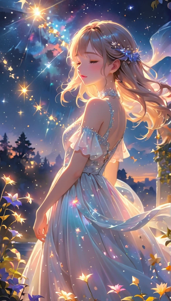 (best quality,4k,8k,highres,masterpiece:1.2),A girl standing alone under the starry night sky, with her silhouette illuminated by the soft moonlight and twinkling stars. Her face is beautifully detailed, with closed eyes, long and fluttering eyelashes, and exquisitely defined lips. She is dressed in an elegant gown, flowing and ethereal, embracing her figure gracefully as it glimmers with a subtle celestial glow. The intricate details of her dress catch the faint starlight, creating a mesmerizing sparkle. The surrounding landscape showcases a serene garden, lush with vibrant foliage and colorful flowers. The air is filled with a gentle breeze, causing the leaves to rustle and the flowers to sway delicately. The garden is bathed in a warm, dreamy color palette, with hues of deep blues, purples, and hints of silver. The atmosphere is calm and tranquil, evoking a sense of peace and serenity. The artwork is of the highest quality, meticulously created with ultra-detailed brushstrokes and precise attention to every element. The texture and depth of the painting are breathtaking, with a sense of realism and photorealism that captures the awe-inspiring beauty of the night sky. The lighting is soft and diffused, casting a gentle glow over the entire scene, enhancing the magical ambiance. The girl's presence radiates a sense of mystery and wonder, as if she holds a secret connected to the celestial beings above. The overall composition evokes a feeling of timelessness and captures the essence of a StarSign, an artwork that embodies the celestial beauty and inner strength of a girl in harmony with the stars. (ai-generated:.25),(dsmile:.25)