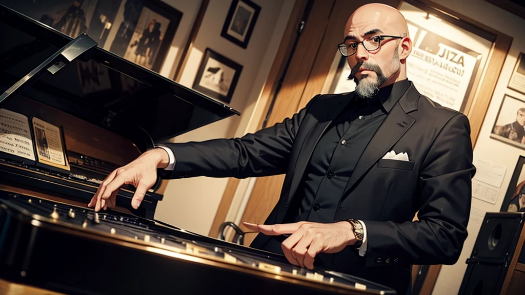 A bald man with a dark beard at a jazz music exhibition, the image has to have a jazz era style