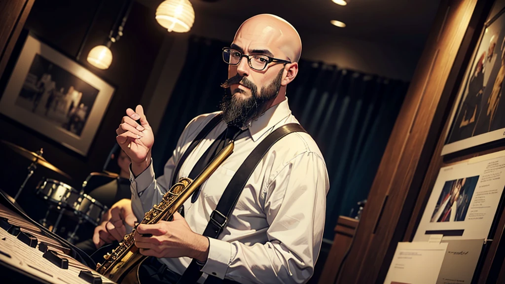 A bald man with a dark beard at a jazz music exhibition, the image has to have a jazz era style