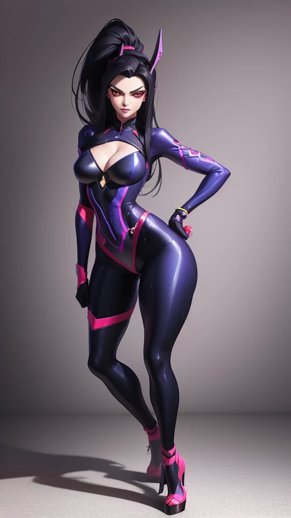 Sexy widowmaker from overwatch, looking at the camera, open legs, big curves, flirty, transparent wet clothes