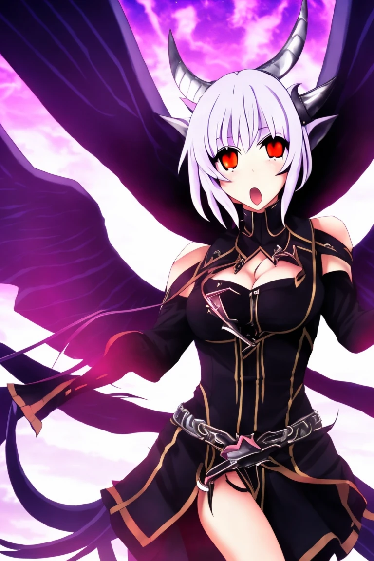 photo(portrait, from the front, close up, facing camera) of a woman(solo, succubus, short hair, wavy hair, white hair, pale skin, small nose, red eyes, Black demonic wings, Black demonic tail, Black horns, Thick thighs, Big tits, Short leather skirt, Leather bra, Leathaer boots, Leather, cruel face, black horns, sadistic, violent, evil, perverted, grim, cold), hentai game, anime, best quality, masterpiece, maximum detail, high resolution 
