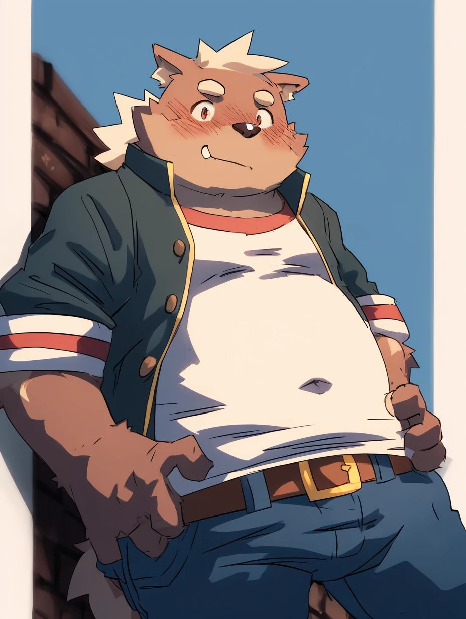 cartoon of a man with a cat face and a jacket, a character portrait inspired by Greg Staples, pixiv, furry art, full length portrait of a short!, high resolution commission, Casually dressed, well-built, hairy chest, furry character, Thick, fluffy chest, fursona wearing elegant clothes, Casually dressed, cuerpo robusto y well-built