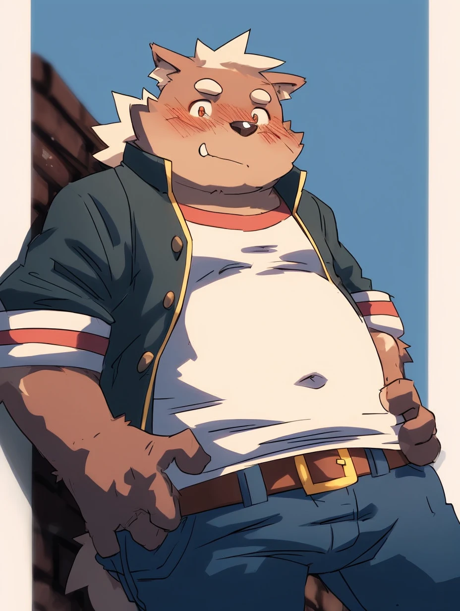 cartoon of a man with a cat face and a jacket, a character portrait inspired by Greg Staples, pixiv, furry art, full length portrait of a short!, high resolution commission, Casually dressed, well-built, hairy chest, furry character, Thick, fluffy chest, fursona wearing elegant clothes, Casually dressed, cuerpo robusto y well-built