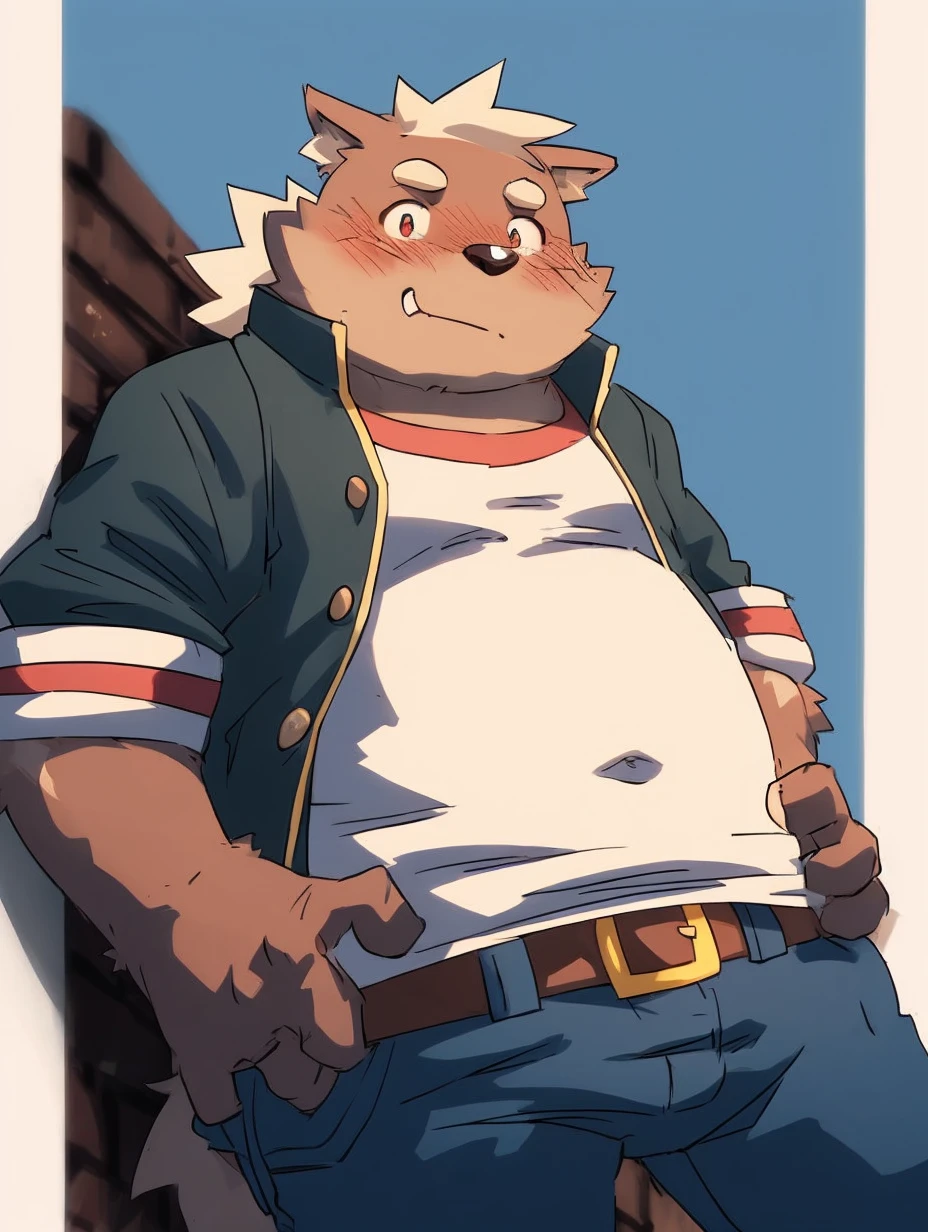 cartoon of a man with a cat face and a jacket, a character portrait inspired by Greg Staples, pixiv, furry art, full length portrait of a short!, high resolution commission, Casually dressed, well-built, hairy chest, furry character, Thick, fluffy chest, fursona wearing elegant clothes, Casually dressed, cuerpo robusto y well-built