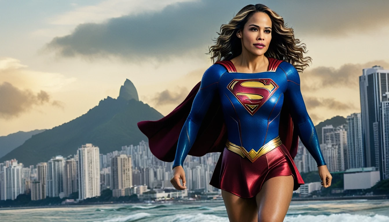 Paula Patton 2000s Supergirl 1984s movie; saving the world; posição de levantar vôo; braços esticados para cima; floating towards the Rio de Janeiro city sky; HD. Photograph, ((realism)), extremely high quality RAW photograph, ultra detailed photograph, sharp focus, high resolution, (detailed skin:1,3),high quality, film grain, Fujifilm XT3,Highly Detailed, movie, (Cinematic Photo:1.3) of (Realistic:1.3)
