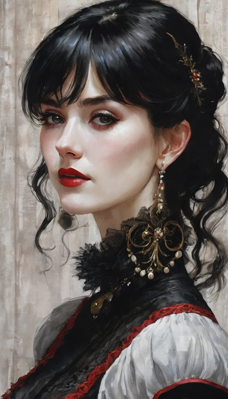 an Italian woman around 30 years old, she is very tall and has very white skin, her eyes are blue and her hair is black, her hair is short and wavy with a fringe completely covering her left eye, she has a scar on her nose and large eyelashes, she has three black dots above her right eye and three more below it, she wears a necklace with a key attached as a pendant, she wears a black gothic style dress, she is sitting on a gray sofa leaning against the wall of a room with red wallpaper and wooden floors, she wears a mechanical prosthesis on her right arm and left leg, she wears a red heel on her foot, she has a scary smile and looks as if she's going to devour you