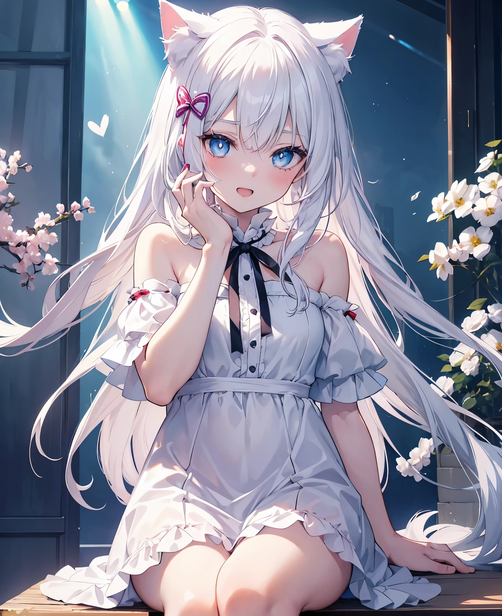 Masutepiece, Highest Quality, (Perfect face:1.1), (high detailing:1.1), (ultradetailed eyes), Dramatic,superfine illustration,Extremely detailed,1girl in,ager,(pale skin),long white hair,Ethereal eyes,Blue eyes, With eyes highlights,with heart-shaped eyes,Solo,Smile,Happy,Laugh,Enjoy, Open mouth,Pouty lips,Cinematic lighting, Cowboy Shot, sitting on the floor,whitedress, off shoulder,outdoor,bluesky,sunny