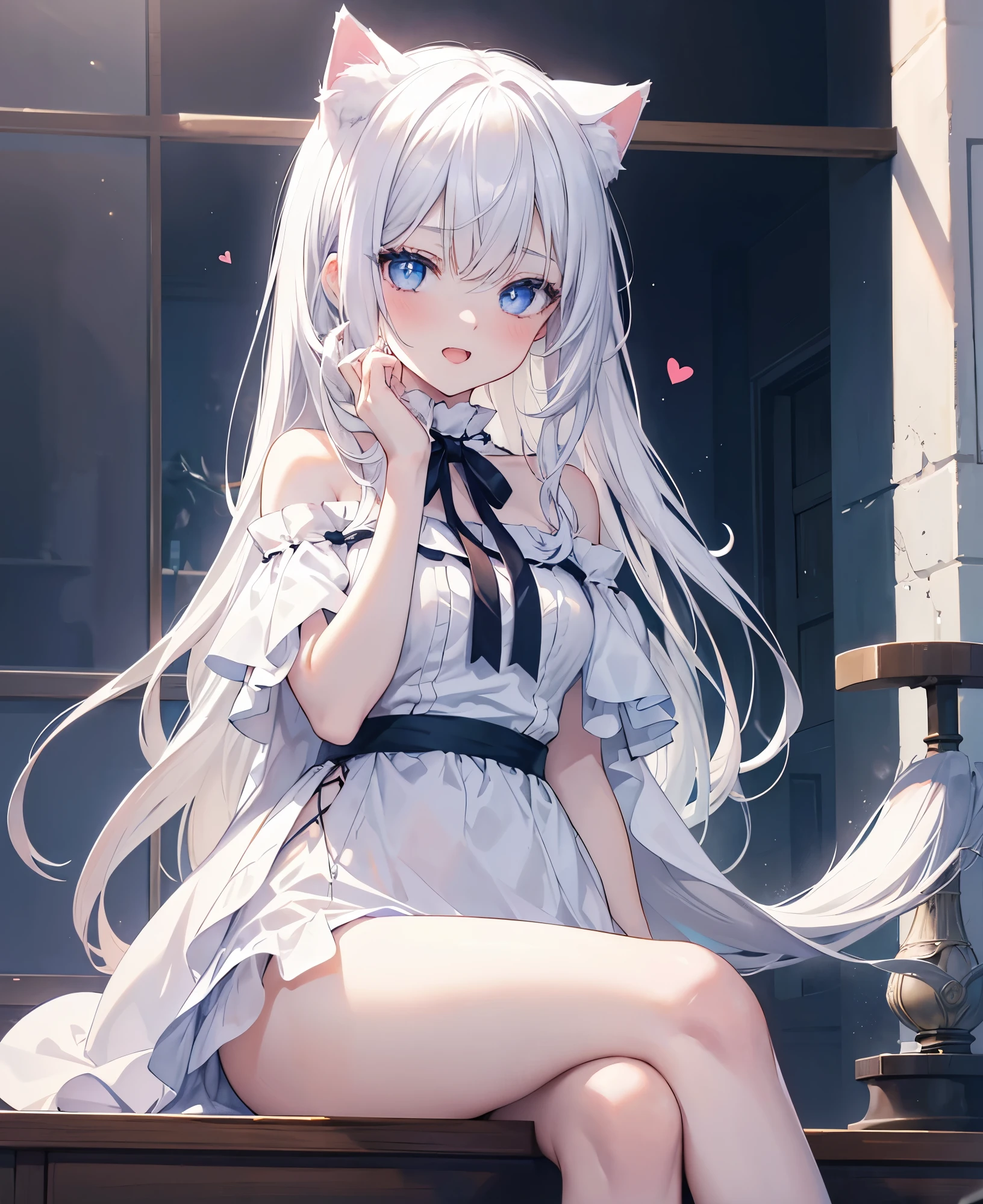 beautiful girl, naked,Cat ear,Long white hair,Light blue eyes,cute, young, small limbs, short fingers, Big Breasts, smile, Big ribbon, Thin and light clothing, sheer white dress, Sheer white lace tights, Thin, sheer white tights,Smooth Skin,lift the perineum,Her cleavage is protruding ,(Spread your legs),(The hand details are perfect too.),(Wet),Squat,Wet,Vulgarity, leaking,