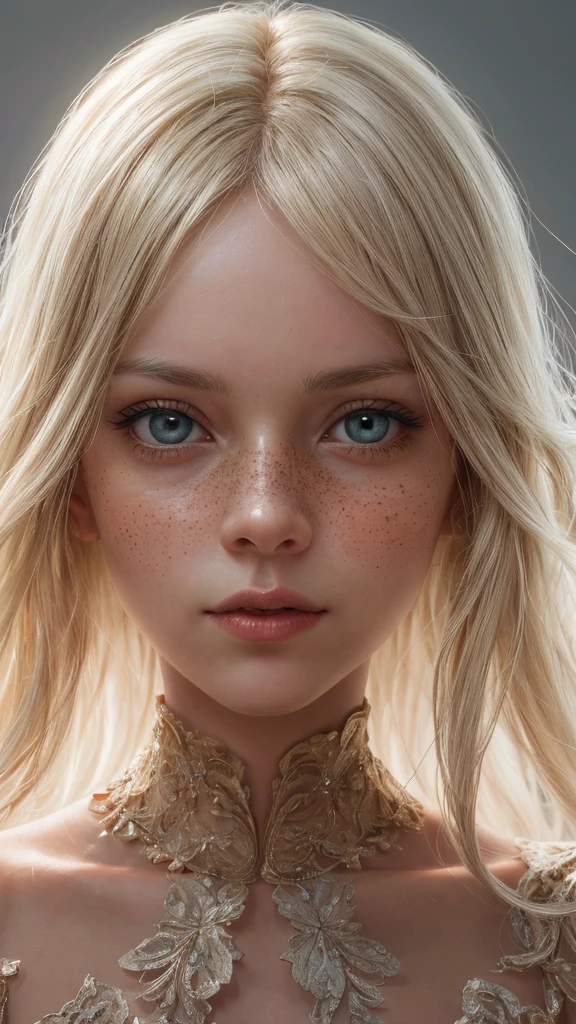 An exquisite portrait of 1 albino woman with deep and clear skin, a photograph captured in stunning 8k resolution and raw format to preserve the highest quality of details. The beauty of women is undeniable, her face commanding the frame in a close-up that reveals the intricate details of her eyes. She wears a dress that complements her radiant skin, and her eyes are portrayed with meticulous attention to detail, showing a captivating depth within. The photograph is taken with a lens that emphasizes the challenge of your gaze, and the backdrop is a dark studio environment that brings out the soft colors of the scene. Lighting and shadows are expertly crafted to highlight the richness of your skin tone and the subtle nuances of your features... Your blonde hair, with its distinct shadow, adds a touch of warmth and contrast against your skin. The interior ambiance adds a sense of intimidation, while the freckles on her albino skin tell their own story. The overall composition captures its essence with traditions and grace, creating a portrait that is a celebration of your heritage and beauty. Photography by challenge512, using the best shadow and lighting techniques, to create a mesmerizing portrait that transcends the visual, ultra-realistic image, perfect symmetry, vibrant and clear, dynamic view, high level of detail and definition, 1200 PPI - Photographic resolution with greater color realism, hyperrealisti, high fidelity,  cinematic.