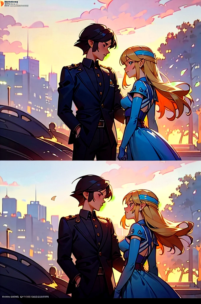 The Legend of Zelda, Romantic promenade, Evening sunset , free,  perfect anatomy, higly detailed, Complicated details, Gil Elvgren's style, Artgerm and Gil Elvgren,Colorful pin-up art, Gill Elvgren, [(realist in the style of David Barnett · Newton Hellmuth · Yuriy Arkurs ), vintage, 50 mm]