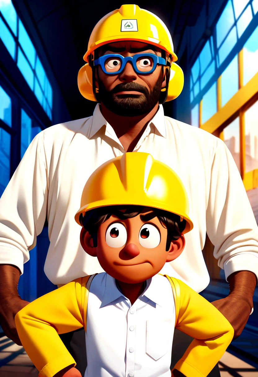 Pixar style character of a man with black glasses, yellow work safety helmet and white dress shirt. Looking like you have doubts