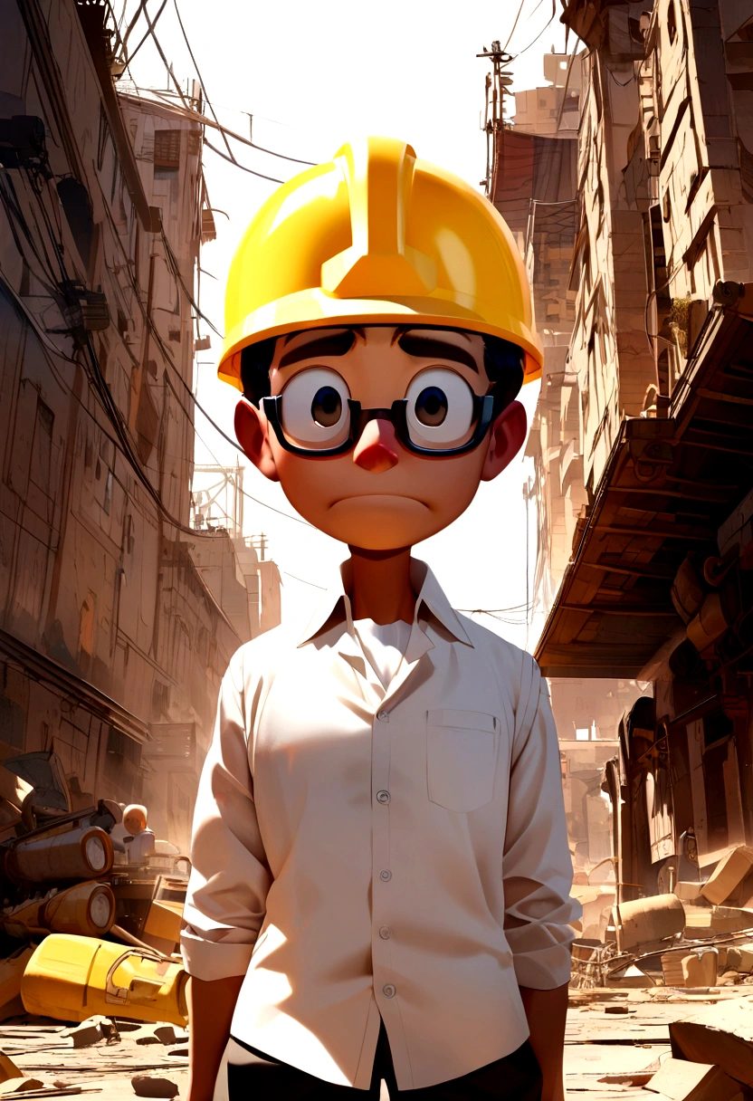 Pixar style character of a man with black glasses, yellow work safety helmet and white dress shirt. Looking like you have doubts