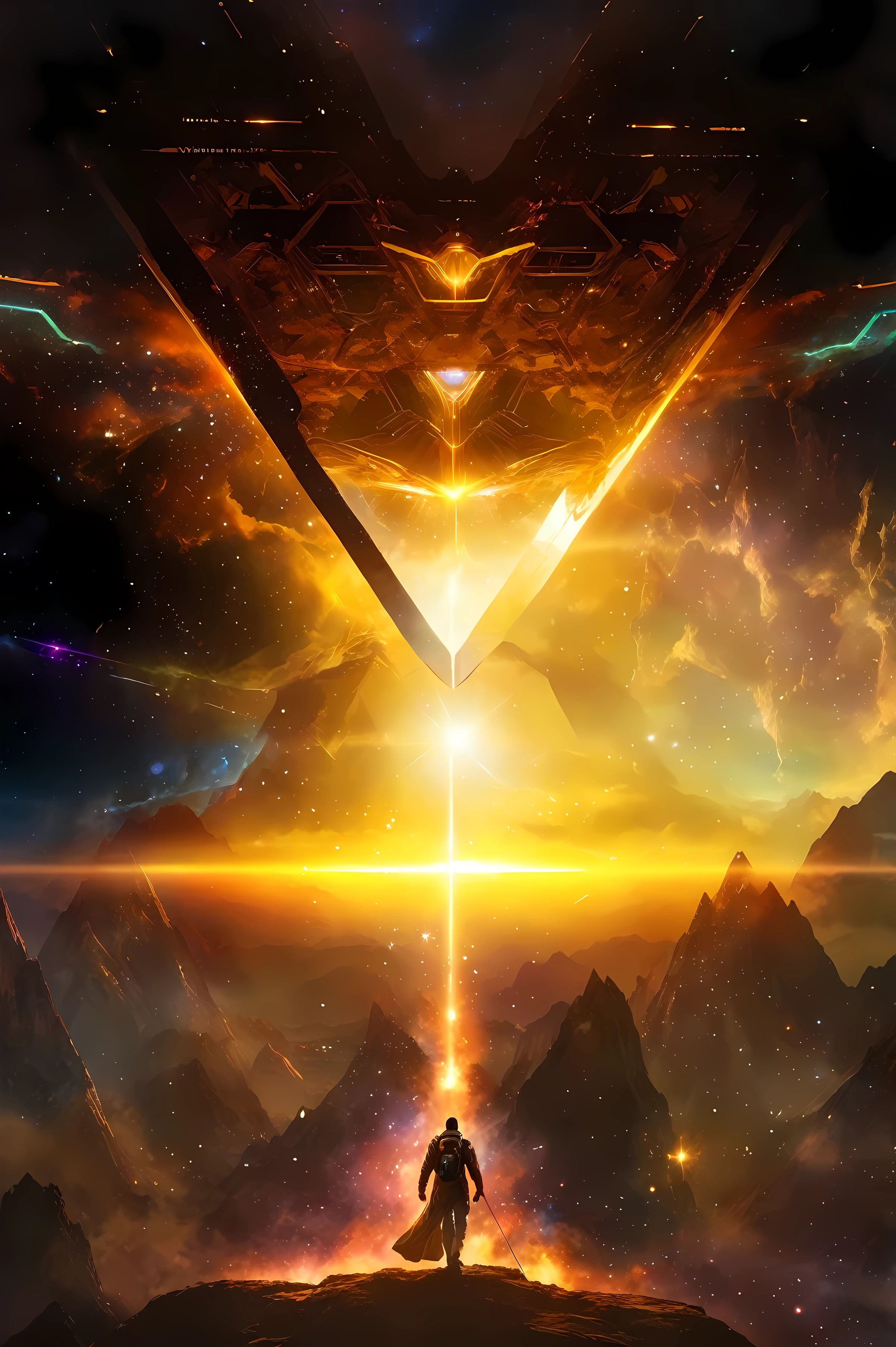 arafed image of a man standing on a mountain with a sci - fi like background, 4k highly detailed digital art, digital artwork 4 k, sci fi epic digital art, 4k detailed digital art, sci-fi digital art, 8 k hd wallpaperjpeg artifact, 8k hd wallpaperjpeg artifact, science fiction digital art
