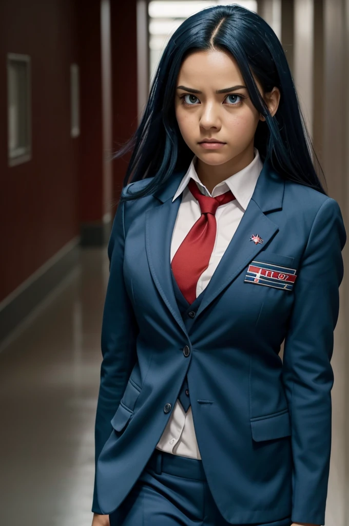 Screenshot Boku no Hero Academia, beautiful woman, straight dark blue hair with straight turquoise tips, slanted eyes, red and blue color , upset expression, uniform gray jacket and red tie, walking, school hallway background, looking at the camera from below, low angle.