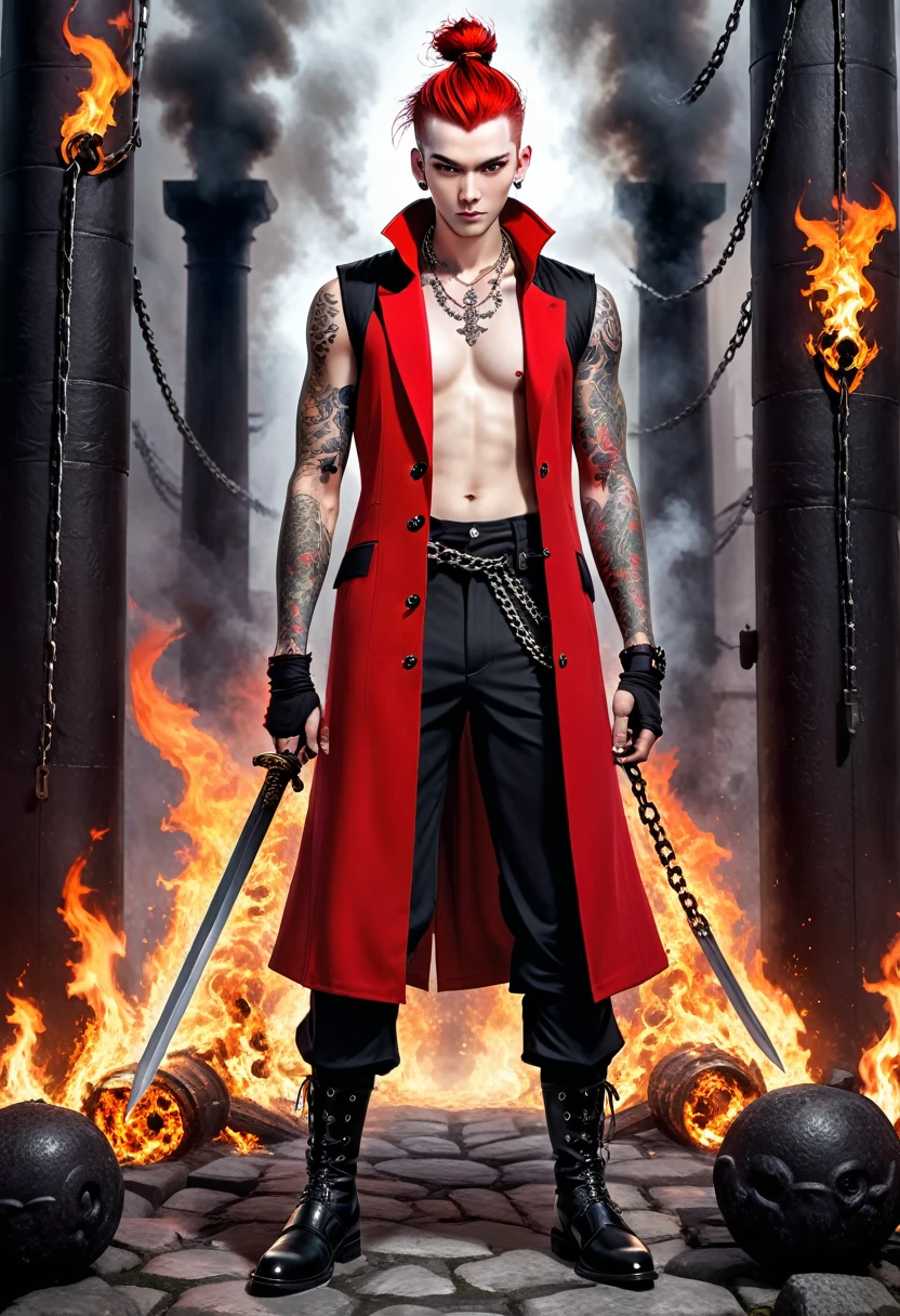 Overview Young red man with pale white skin. his eyes are red and black with no trace of white, he has a bad smile and a terrifying look, he is athletic and he is dressed in a red sleeveless coat, and black pants and black boots,his whole body covered with tattoos of criminals,He fights with two swords to which are attached to the pomo two large chains that he can in his own way. Behind him there are fires,Photorealistic style