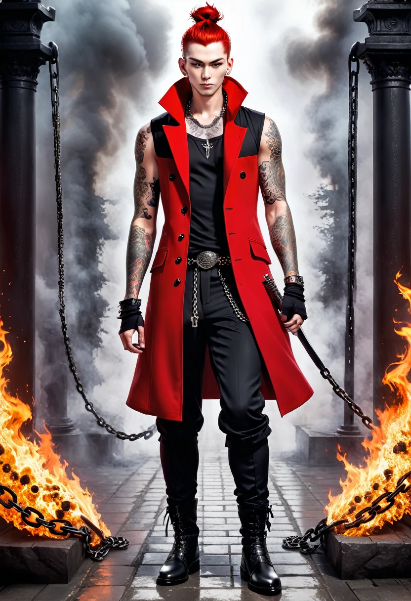 Overview Young red man with pale white skin. his eyes are red and black with no trace of white, he has a bad smile and a terrifying look, he is athletic and he is dressed in a red sleeveless coat, and black pants and black boots,his whole body covered with tattoos of criminals,He fights with two swords to which are attached to the pomo two large chains that he can in his own way. Behind him there are fires,Photorealistic style