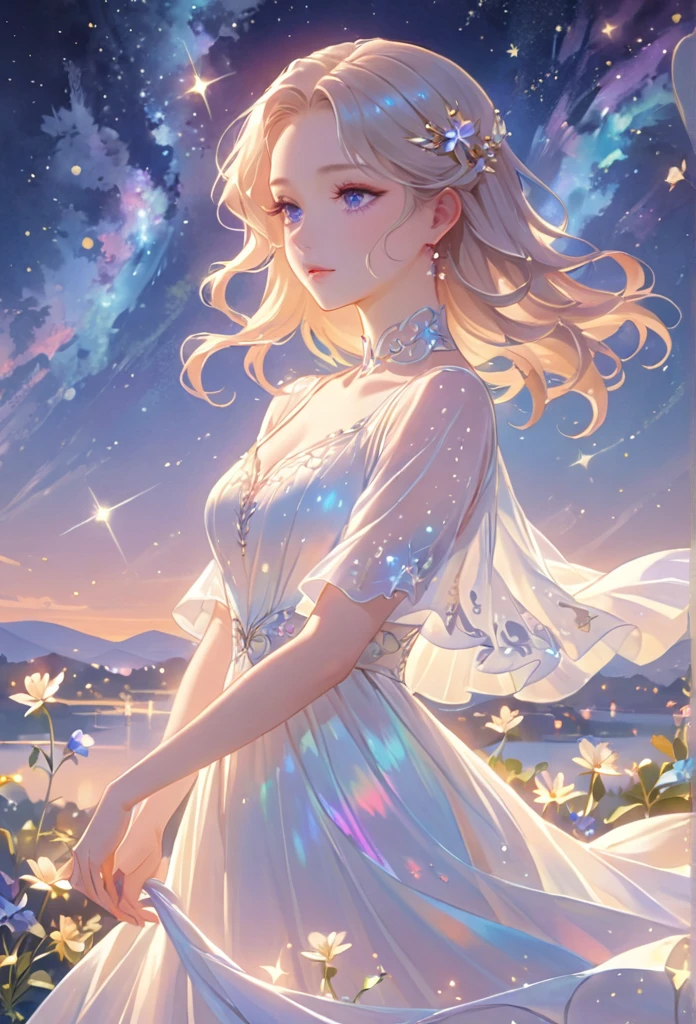 A girl standing alone under the starry night sky, with her silhouette illuminated by the soft moonlight and twinkling stars. Her face is beautifully detailed, with mesmerizing eyes that seem to reflect the universe itself, long and fluttering eyelashes, and exquisitely defined lips. She is dressed in an elegant gown, flowing and ethereal, embracing her figure gracefully as it glimmers with a subtle celestial glow. The intricate details of her dress catch the faint starlight, creating a mesmerizing sparkle. The surrounding landscape showcases a serene garden, lush with vibrant foliage and colorful flowers. The air is filled with a gentle breeze, causing the leaves to rustle and the flowers to sway delicately. The garden is bathed in a warm, dreamy color palette, with hues of deep blues, purples, and hints of silver. The atmosphere is calm and tranquil, evoking a sense of peace and serenity. The artwork is of the highest quality, meticulously created with ultra-detailed brushstrokes and precise attention to every element. The texture and depth of the painting are breathtaking, with a sense of realism and photorealism that captures the awe-inspiring beauty of the night sky. The lighting is soft and diffused, casting a gentle glow over the entire scene, enhancing the magical ambiance. The girl's presence radiates a sense of mystery and wonder, as if she holds a secret connected to the celestial beings above. The overall composition evokes a feeling of timelessness and captures the essence of a StarSign, an artwork that embodies the celestial beauty and inner strength of a girl in harmony with the stars.