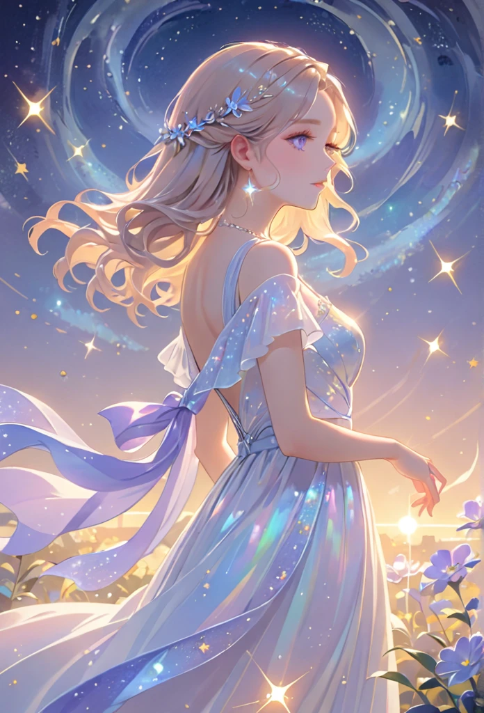 A girl standing alone under the starry night sky, with her silhouette illuminated by the soft moonlight and twinkling stars. Her face is beautifully detailed, with mesmerizing eyes that seem to reflect the universe itself, long and fluttering eyelashes, and exquisitely defined lips. She is dressed in an elegant gown, flowing and ethereal, embracing her figure gracefully as it glimmers with a subtle celestial glow. The intricate details of her dress catch the faint starlight, creating a mesmerizing sparkle. The surrounding landscape showcases a serene garden, lush with vibrant foliage and colorful flowers. The air is filled with a gentle breeze, causing the leaves to rustle and the flowers to sway delicately. The garden is bathed in a warm, dreamy color palette, with hues of deep blues, purples, and hints of silver. The atmosphere is calm and tranquil, evoking a sense of peace and serenity. The artwork is of the highest quality, meticulously created with ultra-detailed brushstrokes and precise attention to every element. The texture and depth of the painting are breathtaking, with a sense of realism and photorealism that captures the awe-inspiring beauty of the night sky. The lighting is soft and diffused, casting a gentle glow over the entire scene, enhancing the magical ambiance. The girl's presence radiates a sense of mystery and wonder, as if she holds a secret connected to the celestial beings above. The overall composition evokes a feeling of timelessness and captures the essence of a StarSign, an artwork that embodies the celestial beauty and inner strength of a girl in harmony with the stars.