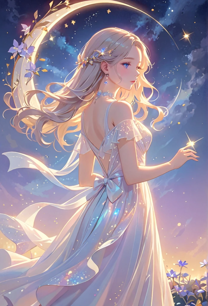 A girl standing alone under the starry night sky, with her silhouette illuminated by the soft moonlight and twinkling stars. Her face is beautifully detailed, with mesmerizing eyes that seem to reflect the universe itself, long and fluttering eyelashes, and exquisitely defined lips. She is dressed in an elegant gown, flowing and ethereal, embracing her figure gracefully as it glimmers with a subtle celestial glow. The intricate details of her dress catch the faint starlight, creating a mesmerizing sparkle. The surrounding landscape showcases a serene garden, lush with vibrant foliage and colorful flowers. The air is filled with a gentle breeze, causing the leaves to rustle and the flowers to sway delicately. The garden is bathed in a warm, dreamy color palette, with hues of deep blues, purples, and hints of silver. The atmosphere is calm and tranquil, evoking a sense of peace and serenity. The artwork is of the highest quality, meticulously created with ultra-detailed brushstrokes and precise attention to every element. The texture and depth of the painting are breathtaking, with a sense of realism and photorealism that captures the awe-inspiring beauty of the night sky. The lighting is soft and diffused, casting a gentle glow over the entire scene, enhancing the magical ambiance. The girl's presence radiates a sense of mystery and wonder, as if she holds a secret connected to the celestial beings above. The overall composition evokes a feeling of timelessness and captures the essence of a StarSign, an artwork that embodies the celestial beauty and inner strength of a girl in harmony with the stars.