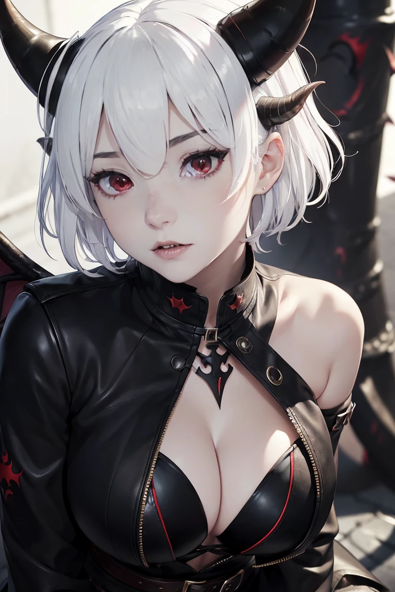 photo(portrait, from the front, close up, facing camera) of a woman(solo, succubus, short hair, wavy hair, white hair, pale skin, small nose, red eyes, Black demonic wings, Black demonic tail, Black horns, Thick thighs, Big tits, Short leather skirt, Leather bra, Leathaer boots, Leather, cruel face, black horns, sadistic, violent, evil, perverted, grim, cold), hentai game, anime, best quality, masterpiece, maximum detail, high resolution