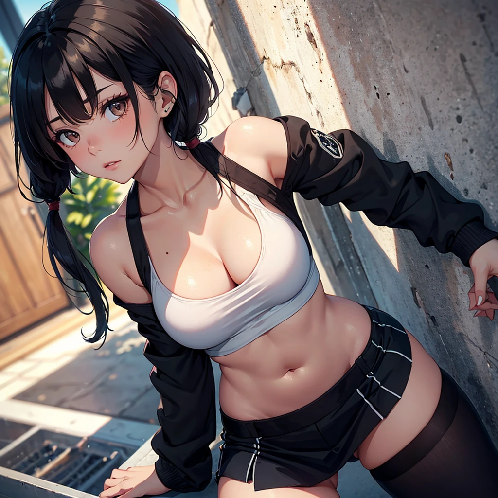 Akeno himejima was brainwashed, score_9, score_8_up, score_7_up, BREAK, (outdoor, summer day:1.2), head tilt back, leaning against wall, leg bend, cute, round face, long black twintail hair, alternative vibe, 25 year old, (Italian female:1.3), medium olive skin, high cheekbones, stunning brown eyes, extra large breasts, subtle cleavage, (cozy lounge), oversized white crop top, mini skirt, dynamic angle, vibrant lighting, high contrast, dramatic shadows, highly detailed, detailed skin, depth of field, film grain,