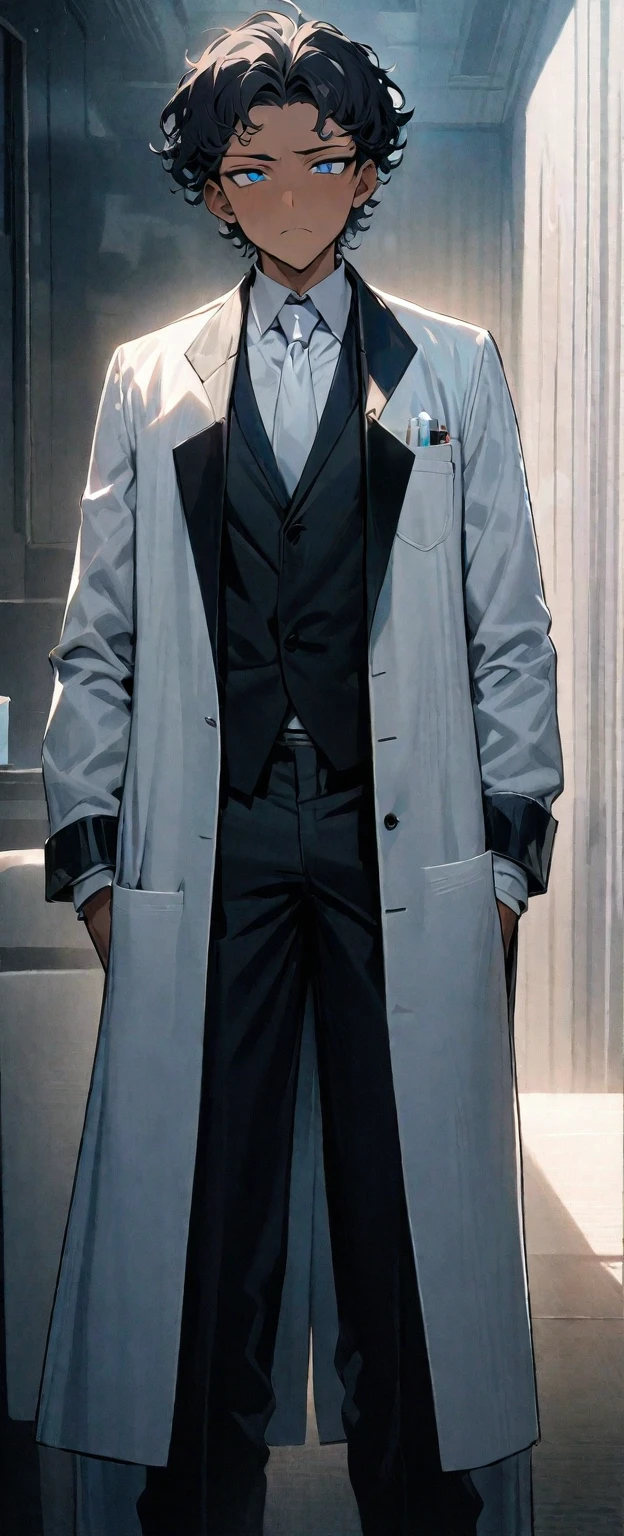 (( straight face picture )) ((best quality)), (Masterpiece)), (details), ( Beautiful colors ) ( ornamentation ) ( see the whole body ) young man , Tanned skin , black hair ,blue eyes ,Shoulder-length hair ,Slightly curly hair , open forehead , wearing a black suit ,white tie , Wear a white doctor&#39;s coat , , Have a rosary in hand , Whole body image ,Long legs
