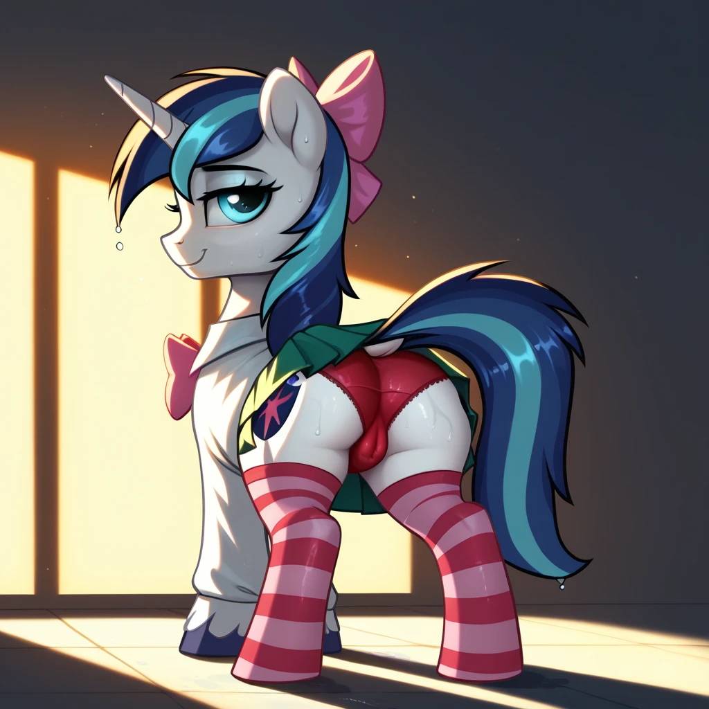 score_9,score_8_up,score_7_up,score_6_up, ((my little pony)), wet cameltoe, (sexy body), standing pony, (school uniform), lot of bows, panties, striped stockings, seductive perky big butt, behind view, ((shining armor)), radiant lighting, vibrant colors, whimsical atmosphere, 8K, high resolution, highly detailed, masterpiece, ((foal pony))