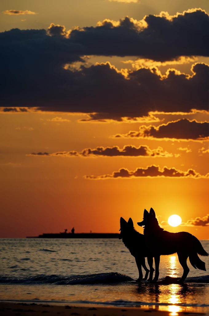 The silhouette of a wolf and a fox under the sunset 