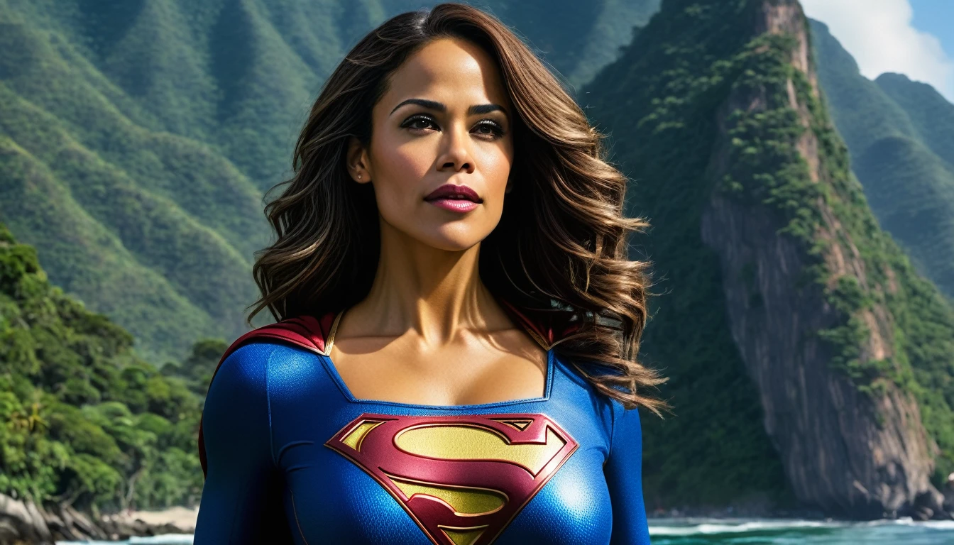 Paula Patton 2000s Supergirl 1984s movie; saving the world; posição de levantar vôo; braços esticados para cima; floating towards the Rio de Janeiro sky; HD. Photograph, ((realism)), extremely high quality RAW photograph, ultra detailed photograph, sharp focus, high resolution, (detailed skin:1,3),high quality, film grain, Fujifilm XT3,Highly Detailed, movie, (Cinematic Photo:1.3) of (Realistic:1.3). Super breasts.