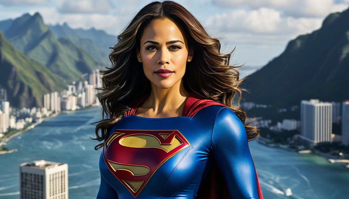 Paula Patton 2000s Supergirl 1984s movie; saving the world; posição de levantar vôo; braços esticados para cima; floating towards the Rio de Janeiro sky; HD. Photograph, ((realism)), extremely high quality RAW photograph, ultra detailed photograph, sharp focus, high resolution, (detailed skin:1,3),high quality, film grain, Fujifilm XT3,Highly Detailed, movie, (Cinematic Photo:1.3) of (Realistic:1.3). Super breasts.