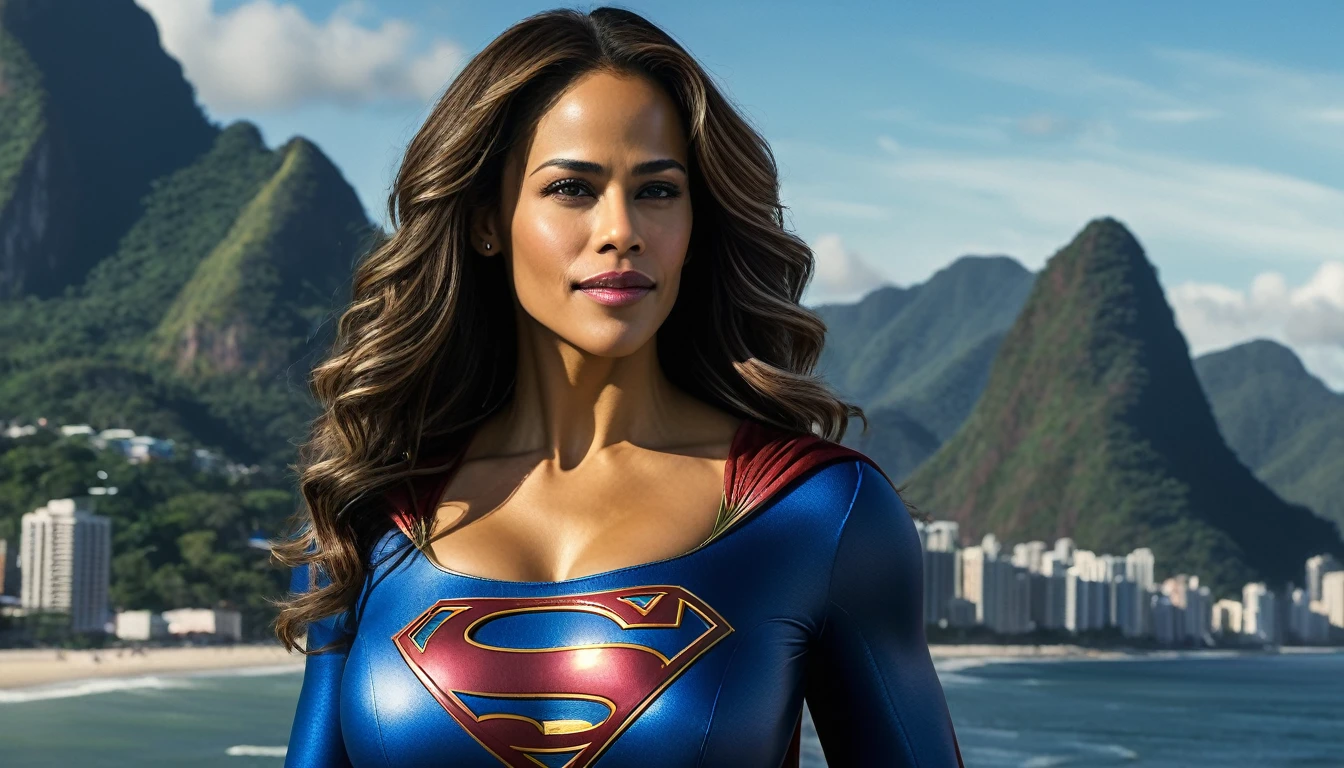 Paula Patton 2000s Supergirl 1984s movie; saving the world; posição de levantar vôo; braços esticados para cima; floating towards the Rio de Janeiro sky; HD. Photograph, ((realism)), extremely high quality RAW photograph, ultra detailed photograph, sharp focus, high resolution, (detailed skin:1,3),high quality, film grain, Fujifilm XT3,Highly Detailed, movie, (Cinematic Photo:1.3) of (Realistic:1.3). Super breasts.