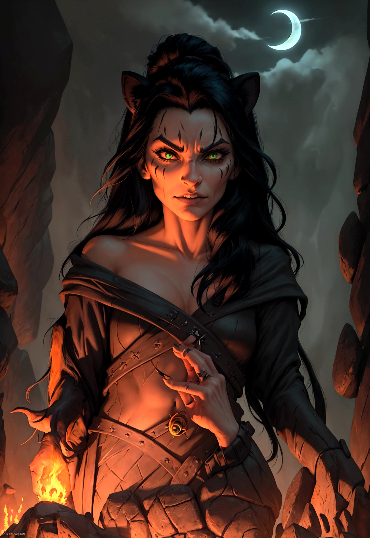 A close-up, stylized animated illustration focusing intently on the prominent, thick, jagged line running vertically across the left eye of the character Scar from the 1994 Disney film "The Lion King". This defining scar is the dominant and most striking feature, a bold, dramatic line cutting across Scar's piercing green eye. Details of his dark mane and slightly menacing expression with bared teeth are present, but the scar itself is the central focus, commanding the viewer's full attention. The atmospheric night landscape with a crescent moon in the background provides a moody, mysterious setting that heightens the intensity and significance of this iconic facial feature. The illustration style is reminiscent of the work of artist Chris Sanders, offering a unique and captivating interpretation that powerfully emphasizes this defining characteristic of the classic Disney villain.