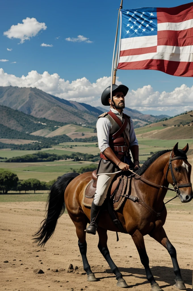 Viñeta 3:
scenery: A Latin American independence hero, riding a horse and holding the flag of his country high, He looks towards the horizon with a triumphant expression.
Text: "We fight for freedom... and we end up with new masters!"