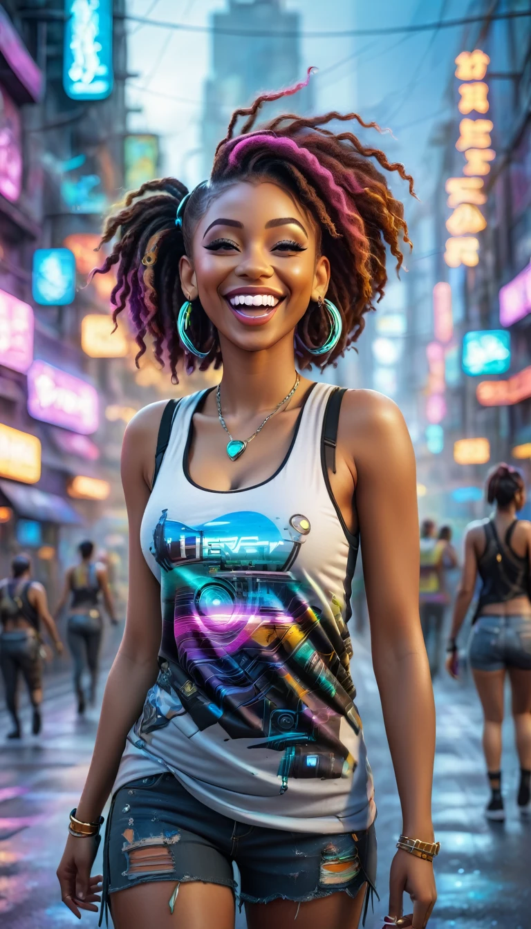 BLACK adult women dressed in urban clothing tank top, In an urban landscape and holographic signs, HAPPY on the road. are drinking and laughing, The background is modern and cyberpunk, high tech vibe. Lovely Digital Painting, 3D rendering, Bright lighting, swirly vibrant colors. adult people, BEAUTIFUL black people, different faces, flat hair