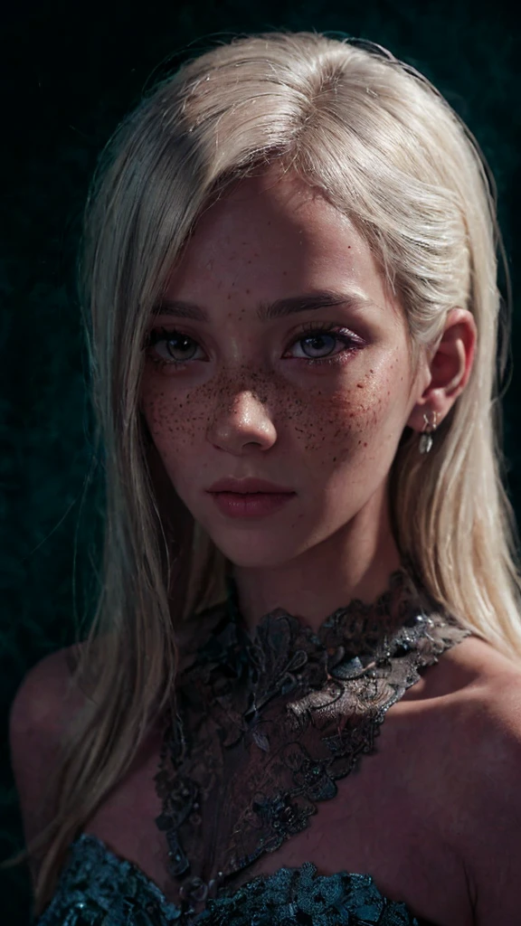 An exquisite portrait of 1 albino woman with deep and clear skin, a photograph captured in stunning 8k resolution and raw format to preserve the highest quality of details. The beauty of women is undeniable, her face commanding the frame in a close-up that reveals the intricate details of her eyes. She wears a dress that complements her radiant skin, and her eyes are portrayed with meticulous attention to detail, showing a captivating depth within. The photograph is taken with a lens that emphasizes the challenge of your gaze, and the backdrop is a dark studio environment that brings out the soft colors of the scene. Lighting and shadows are expertly crafted to highlight the richness of your skin tone and the subtle nuances of your features... Your blonde hair, with its distinct shadow, adds a touch of warmth and contrast against your skin. The interior ambiance adds a sense of intimidation, while the freckles on her albino skin tell their own story. The overall composition captures its essence with traditions and grace, creating a portrait that is a celebration of your heritage and beauty. Photography by challenge512, using the best shadow and lighting techniques, to create a mesmerizing portrait that transcends the visual, ultra-realistic image, perfect symmetry, vibrant and clear, dynamic view, high level of detail and definition, 1200 PPI - Photographic resolution with greater color realism, hyperrealisti, high fidelity,  cinematic.