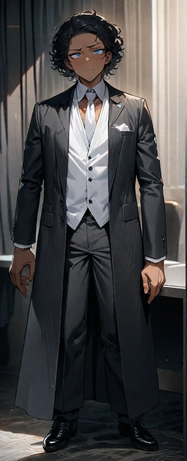 (( straight face picture )) ((best quality)), (Masterpiece)), (details), ( Beautiful colors ) ( ornamentation ) ( see the whole body ) young man , Tanned skin , black hair ,blue eyes ,Shoulder-length hair ,Slightly curly hair , open forehead , wearing a black suit ,white tie , Wear a white doctor's coat , , Have a rosary in hand , Whole body image ,Long legs
