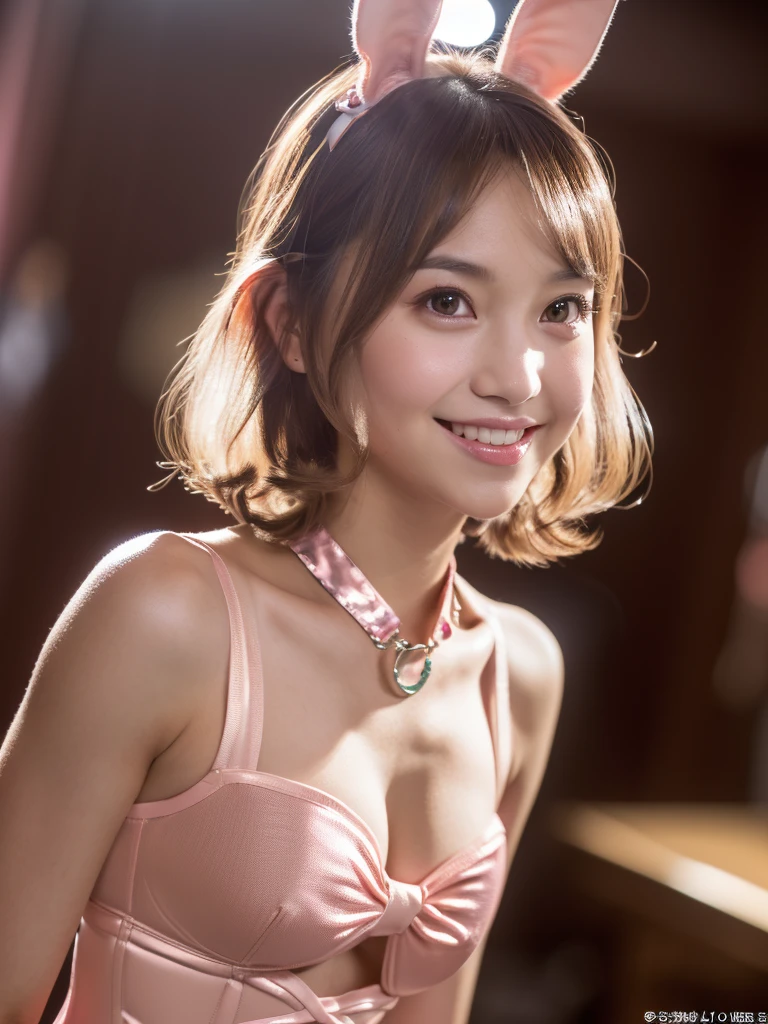 ((Ultra high resolution, highest quality, masterpiece: 1.2), (realistic, photorealistic: 1.37), highly detailed, (Nightclub, professional lighting, photon mapping, radiosity, physically-based rendering, masterpiece, rich details, background blur)
A cute Japanese woman, 18 years old, wearing a pink bunny girl outfit. The outfit consists of a shiny pink corset with a plunging neckline, pink bunny ears, and a matching pink bow tie. She is also wearing pink wrist cuffs and fishnet stockings, complemented by pink high heels. Her hair is styled in long, wavy twin-tails with a light brown color. She has a happy smile, showing her teeth, and has glossy skin and shiny hair. The scene is highly detailed, with professional and realistic lighting. The style is realistic and photorealistic, with extreme attention to detail, and the character has an anatomically correct body structure. The character has a nice body and very beautiful skin. She is facing to the right, looking to her right with a natural, candid expression. (Correct body structure, accurate anatomy, ultra-high quality, realistic lighting, nice body, very beautiful skin, nightclub background, background blur, facing right, looking to the right, natural candid photo)