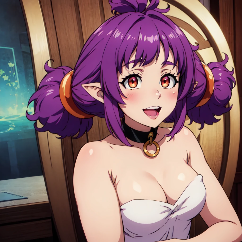 (short:1.4), ((sherry:1.6)), official anime artwork, official artwork, anime moe artstyle, dreamy psychedelic anime, anime wallaper, anime visual of a cute girl, official art, fanart, masterpiece, best quality, high resolution, 8K, 4K, looking at viewer, smile edgYSD, collar, (purple hair:1.4), multiple ahoge, (dark red-gold eyes:1.2), gold eye accent, (hair_ornament:1.4), twin-tails, hair_tie, 1 girl, young female, beautiful nose, beautiful character design, perfect eyes, perfect face, expressive eyes, perfect lighting, shiny skin, nsfw, flushed skin, blushing face, smile, slightly open mouth, gravure, pinup, long thin pointy ears, japanese skin, (solid colors:1.4), lidded eyes, dark red-gold eyes, (sherry)