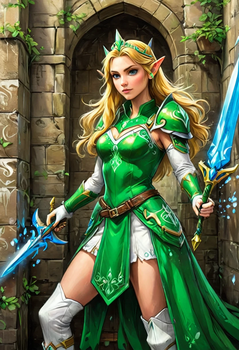 a ga graffiti painting art on the wall of the castle of elf Princess Zelda on the wall of a castle, ,Princess Zelda (intense details, Masterpiece, best quality: 1.5), wearing intricate green dress, delicate diamond crow, ultra detailed face, ultra feminine, fair skin, exquisite beauty, gold hair, long hair, wavy hair, small pointed ears, dynamic eyes color, wearing heavy green and white armor, shinning metal, armed with elven sword, ais-graffiti, chumbasket art style, graffiti art 