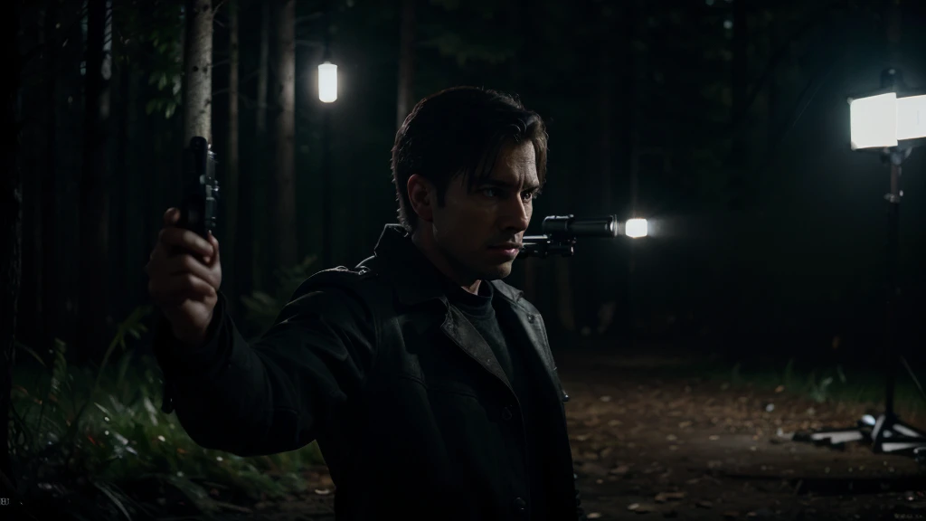 a man aiming gun at the thief, the thief standing with hands raised, night forest, (best quality,4k,8k,highres,masterpiece:1.2),ultra-detailed,(realistic,photorealistic,photo-realistic:1.37),HDR,UHD,studio lighting,ultra-fine painting,sharp focus,physically-based rendering,extreme detail description,professional,vivid colors,bokeh,suspense,dramatic,dark,moody,atmospheric