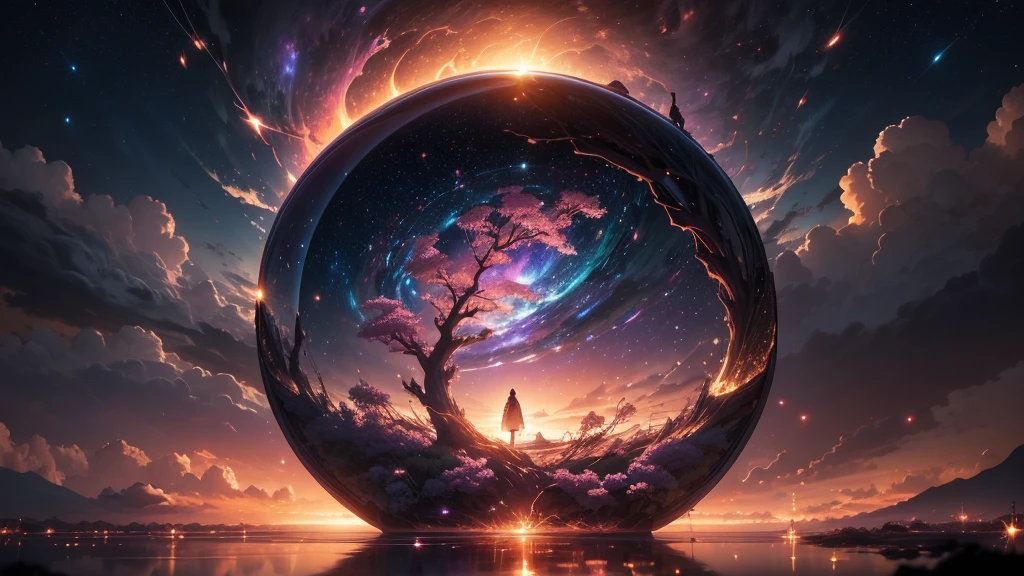 A wide angle visualization of a mystical sunset scene showing a night with a large rotating galaxy and clouds; There is a reflection of a sakura tree in the sea in the center, illuminated by fireflies, an epic moment of silent contemplation and understanding. of the meaning of your trip. Highly detailed UHD anime wallpaper, digital animation, epic.
