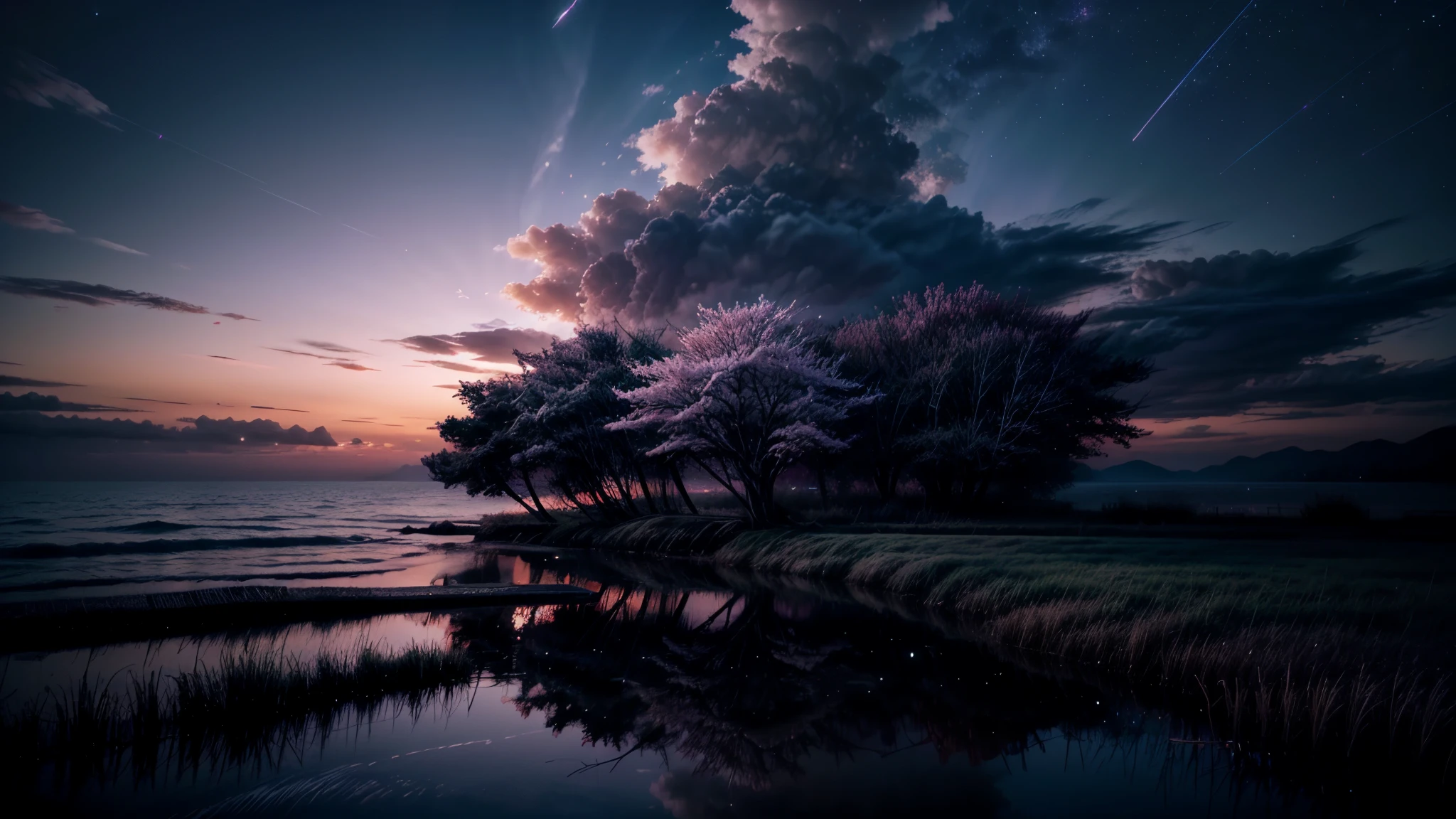 A wide angle visualization of a mystical sunset scene showing a night with a large rotating galaxy and clouds; There is a reflection of a sakura tree in the sea in the center, illuminated by fireflies, an epic moment of silent contemplation and understanding. of the meaning of your trip. Highly detailed UHD anime wallpaper, digital animation, epic.